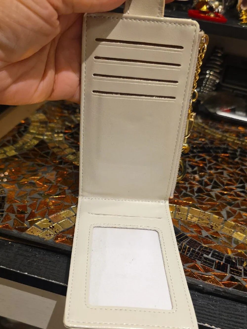 Elegant Cream Phone Wallet Case with Card Slots and Chain Strap